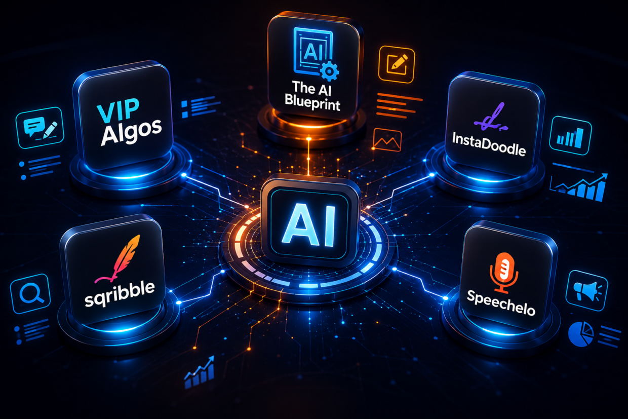 AI business and marketing tools cover illustration