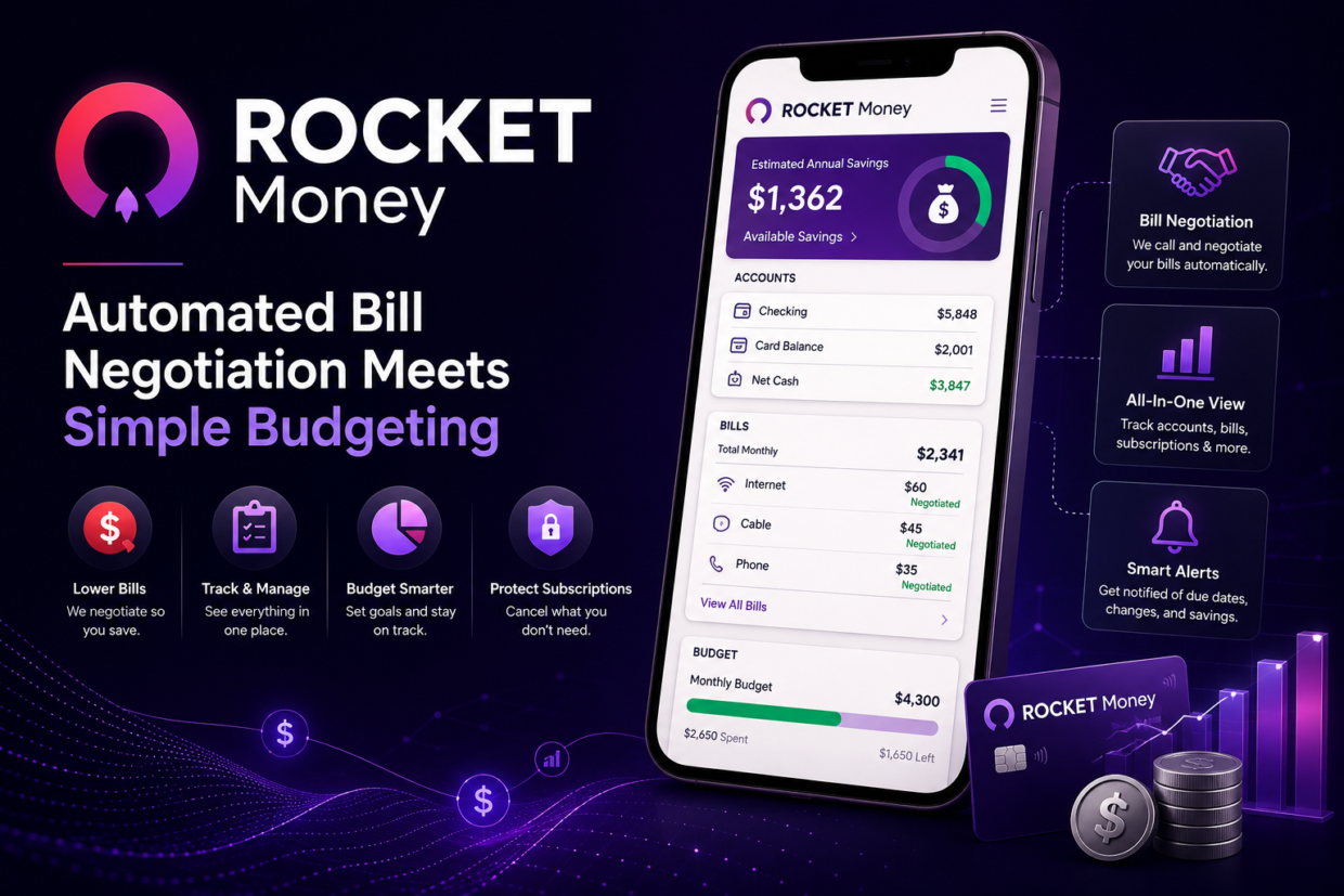 Rocket Money app screenshot showing bill negotiation and budgeting dashboard