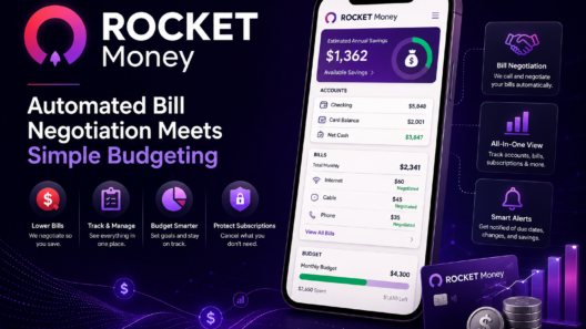 Rocket Money app screenshot showing bill negotiation and budgeting dashboard